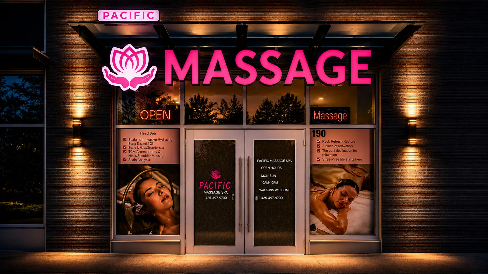 The lit storefront of Pacific Massage & Head Spa on NE Shen St in Redmond, WA, with the pink lotus sign above the entrance
