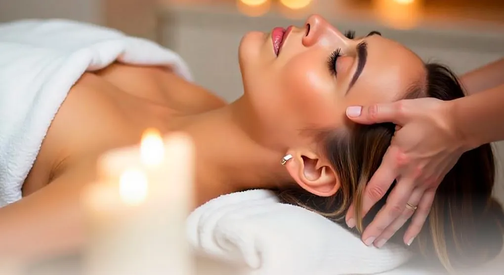 A guest lying face-up by candlelight while a therapist works along the temple and jaw at Pacific Massage & Head Spa in Redmond, WA