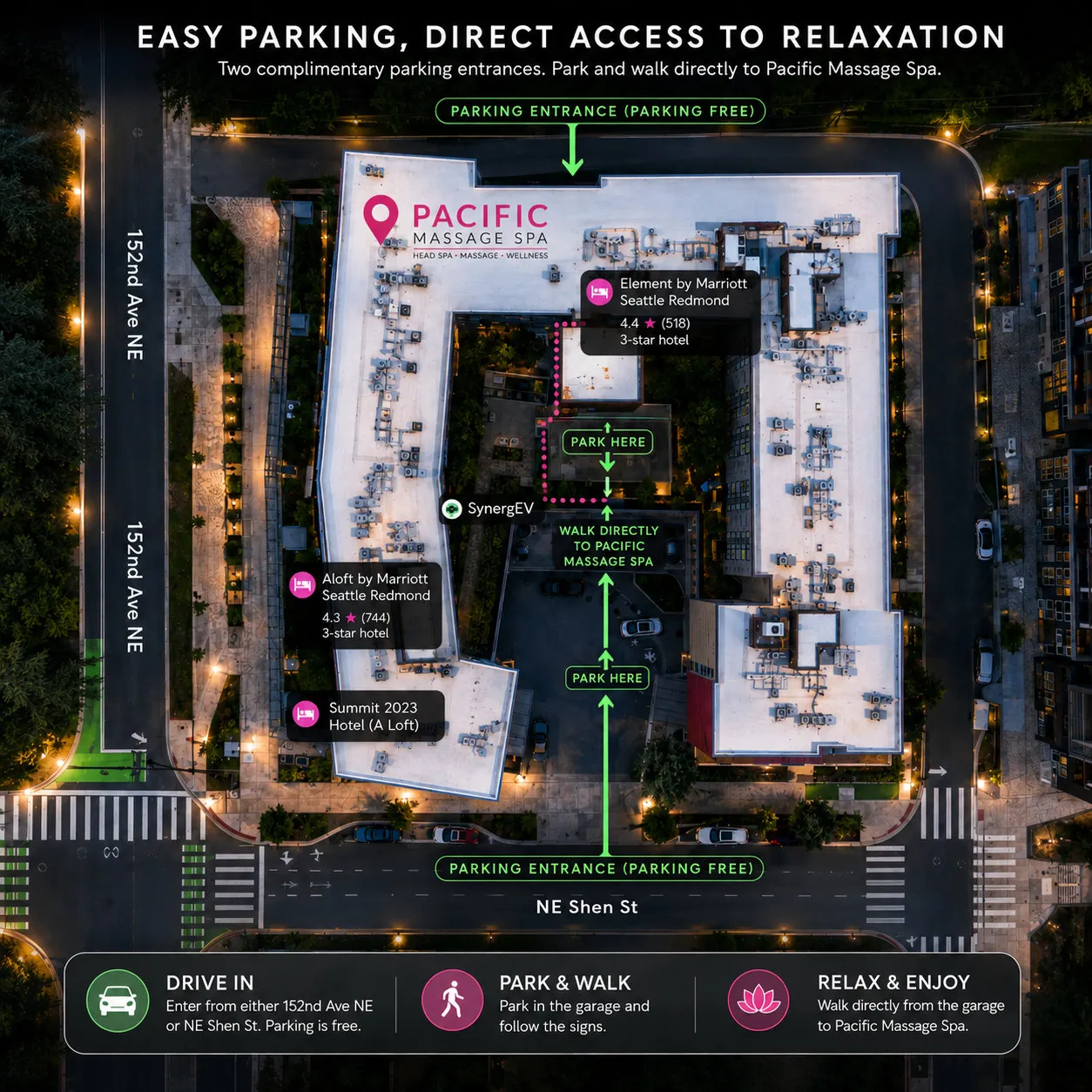 Overhead view of the block at 15220 NE Shen St, Redmond, marking Pacific Massage Spa and two free garage entrances — enter from either 152nd Ave NE or NE Shen St — with Aloft by Marriott west and Element by Marriott east.